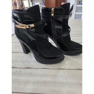 Black Patent Faux Suede Platform Ankle Boots Gold Buckle Block Heel Womens 6.5